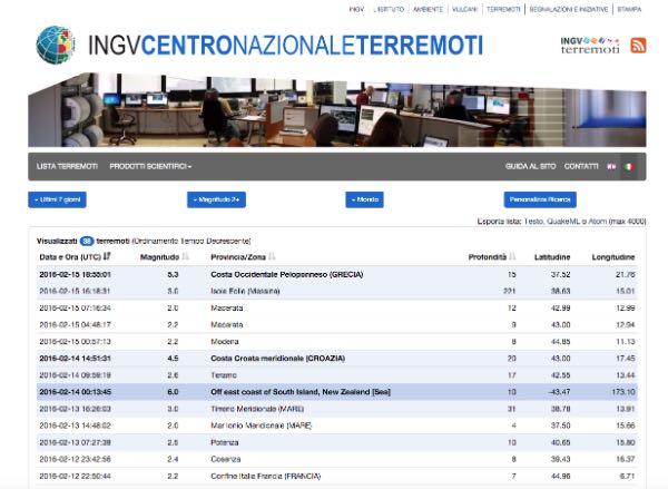 INGV - Lista Terremoti