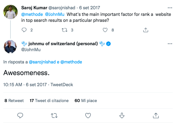 Commento su Twitter di John Mueller sui fattori di ranking