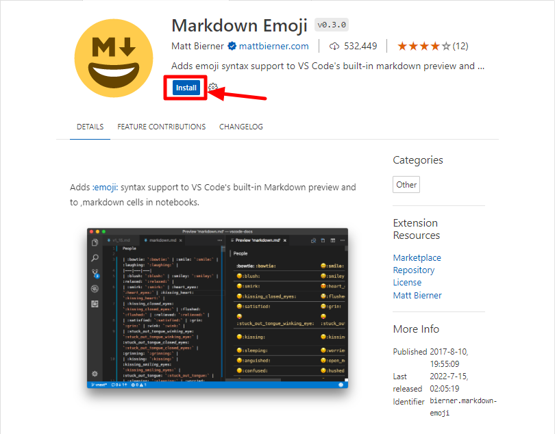 Pagina installazione Emoji per markdown