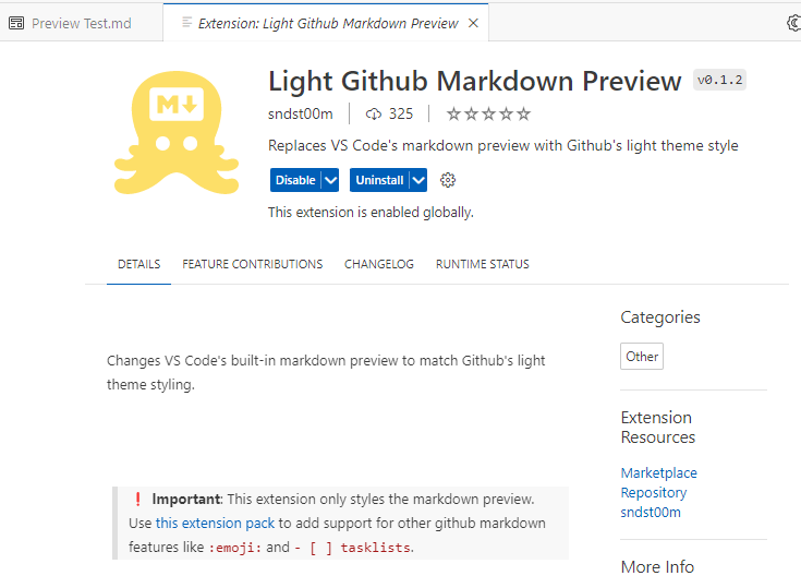 Pagina installazione Tema Markdown light