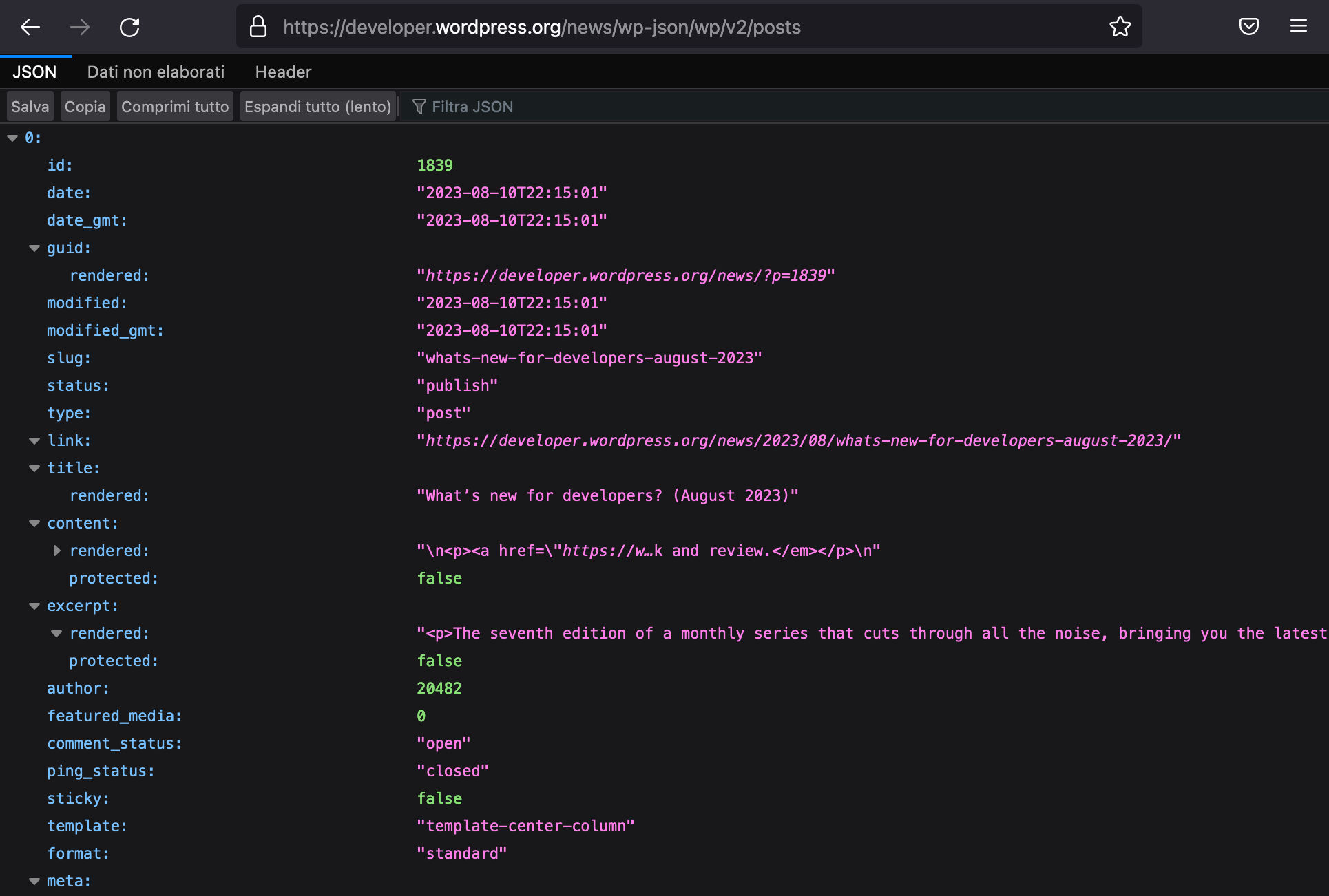 Schema di una risposta JSON in Firefox