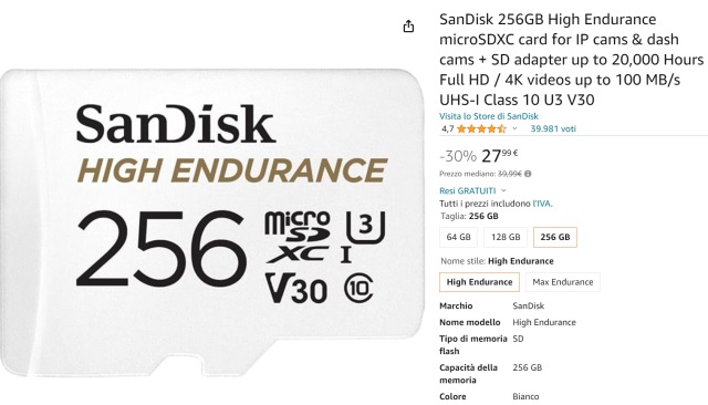 sandisk per dashcam 27,99 euro amazon