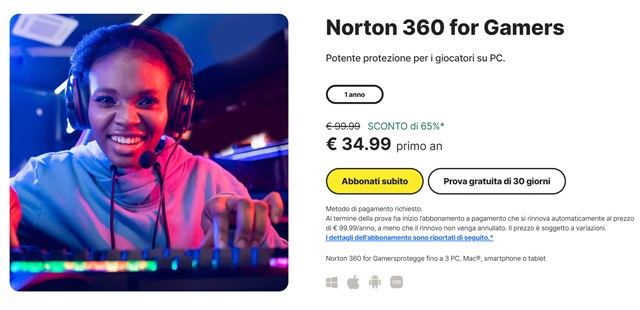 norton 360 for gamers prezzo