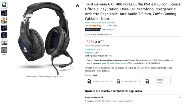 Cuffie gaming Trust GXT 488 a soli 26,99€ su  (-46%)