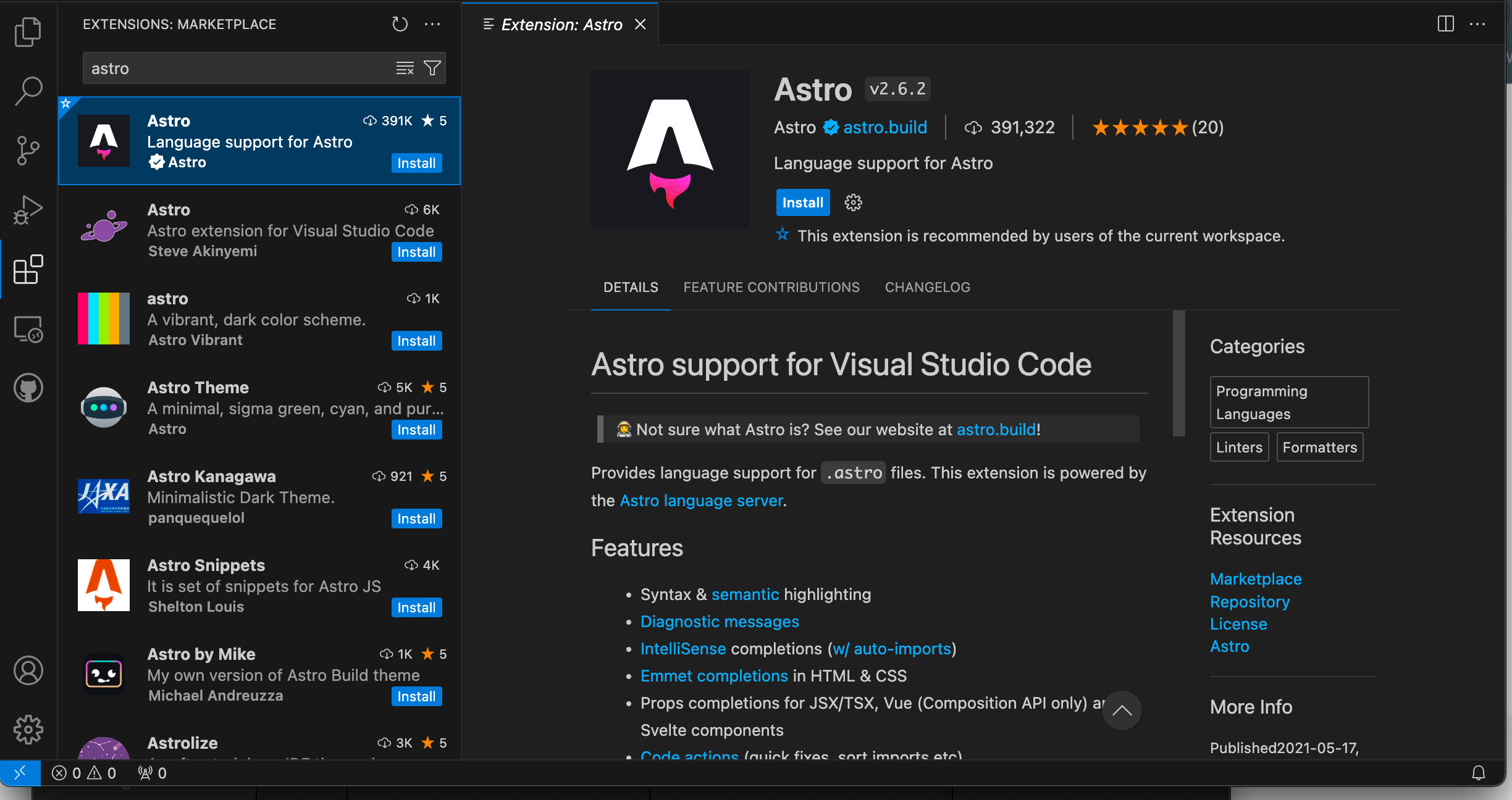 L'estensione Astro per Visual Studio Code