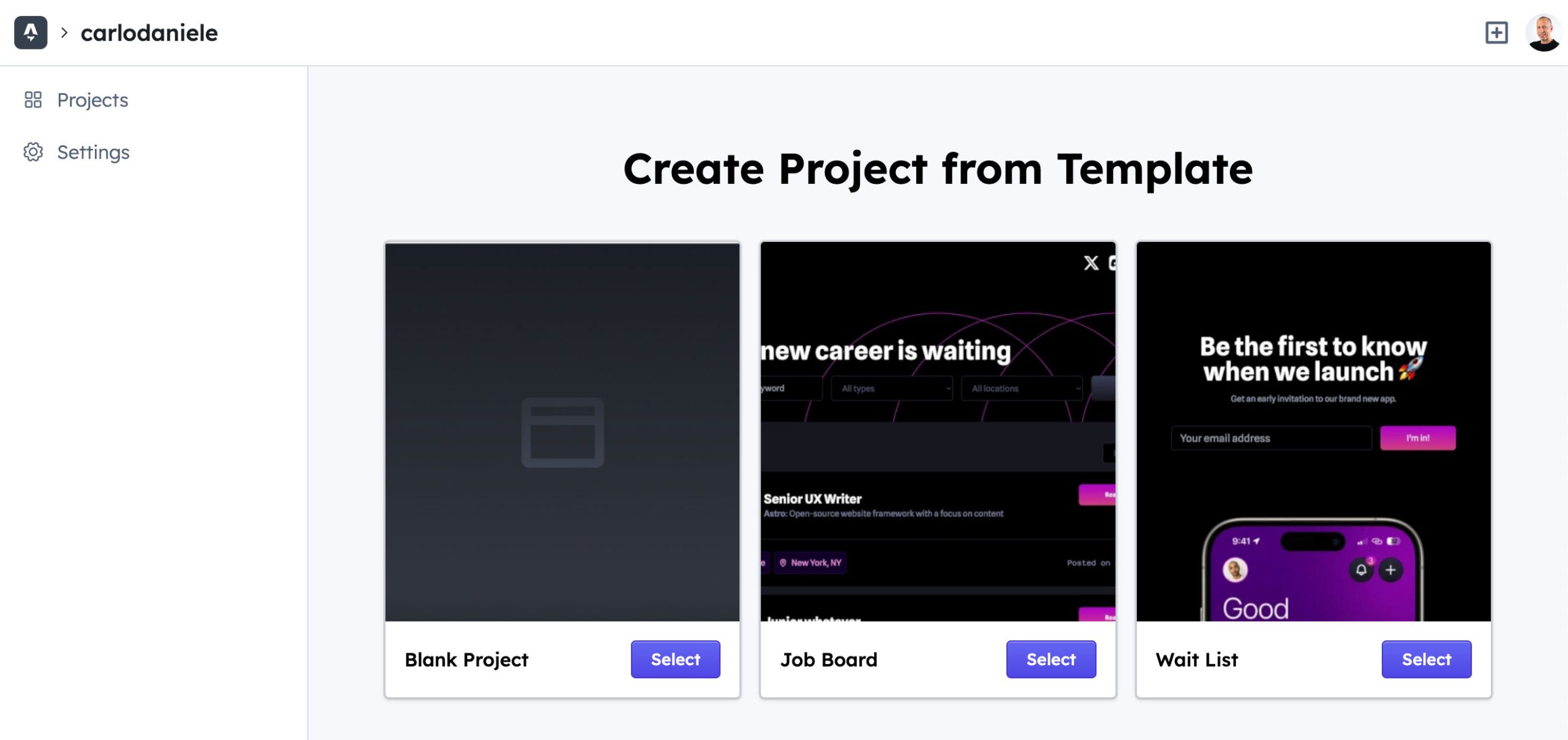 Creazione di un nuovo progetto in Astro Studio web portal