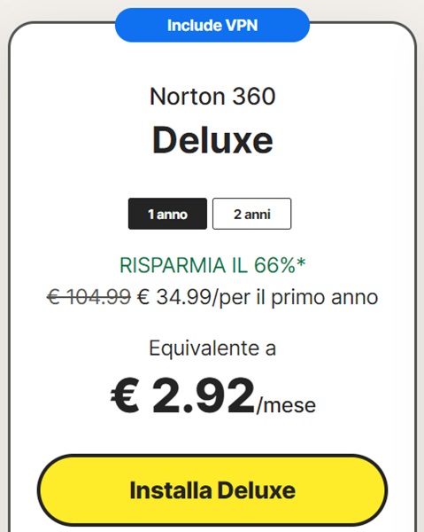 norton 360 deluxe 2,92 euro al mese
