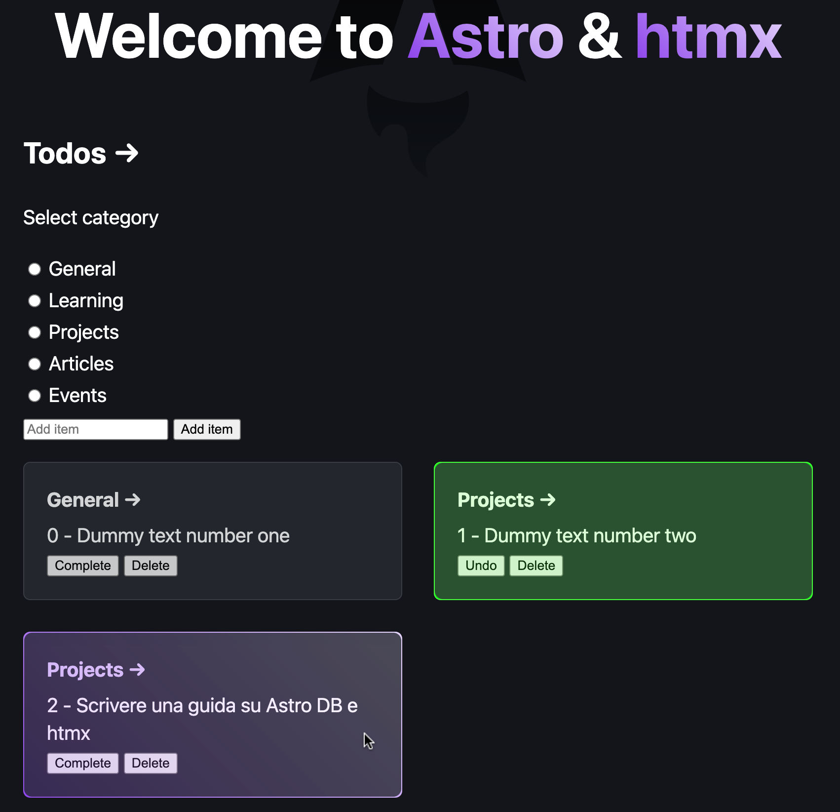 Un'applicazione per la gestione di una todo list sviluppata con Astro e htmx