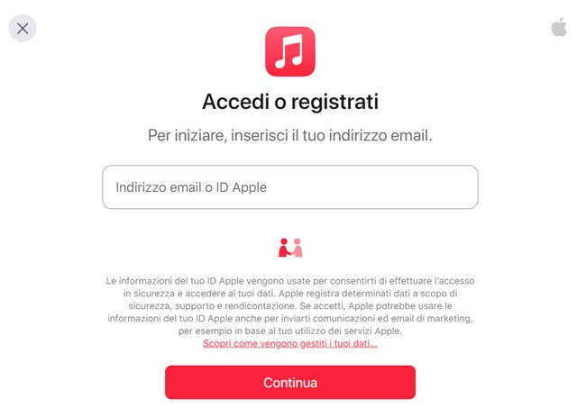 apple music accedi o registrati