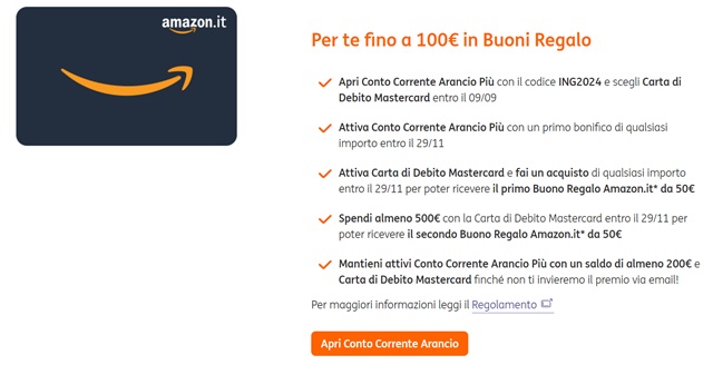 fino a 100 euro in buoni regalo amazon apri conto corrente arancio più