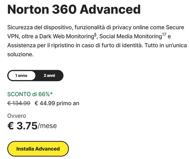 norton 360 advanced prezzo