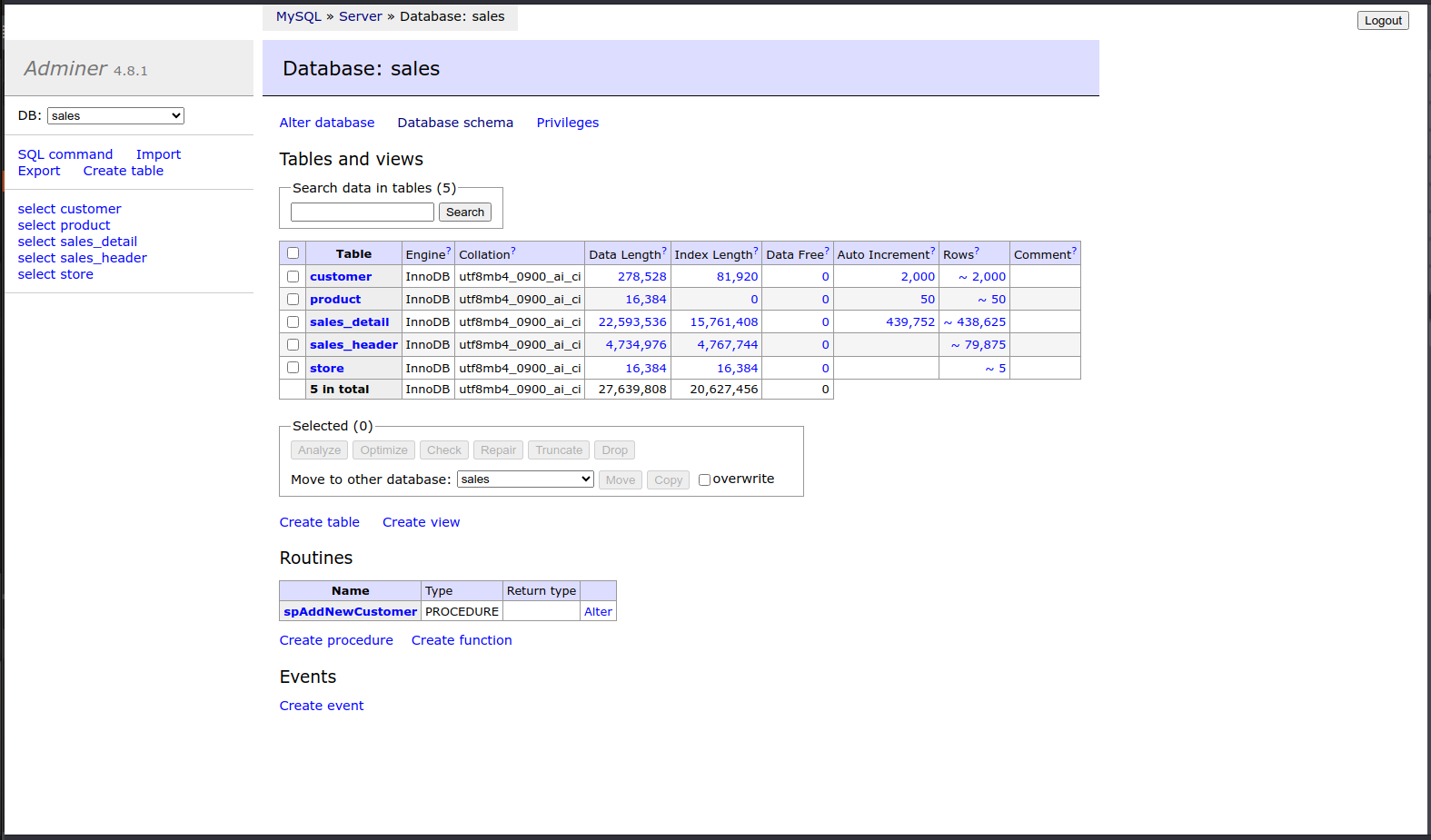 Adminer - Tabelle del database e altri oggetti