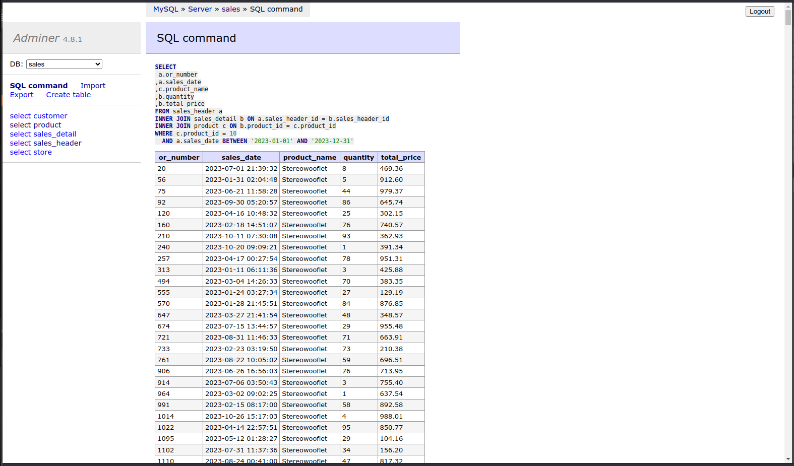 Comando SQL e risultato