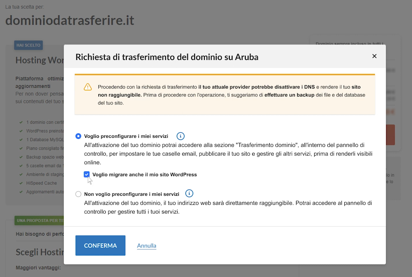 Trasferimento dominio WordPress su Aruba