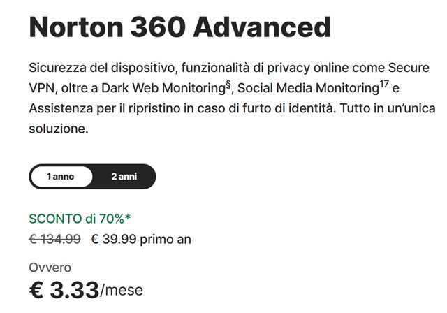 norton 360 advanced sconto 70 per cento