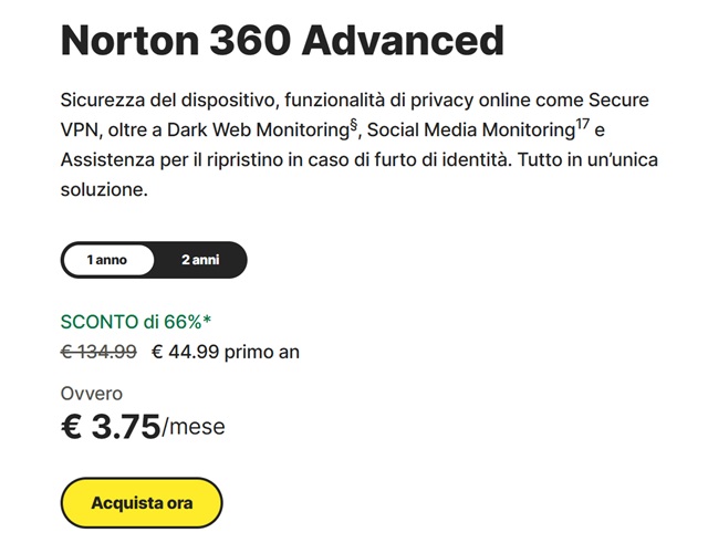 norton 360 advanced promozione